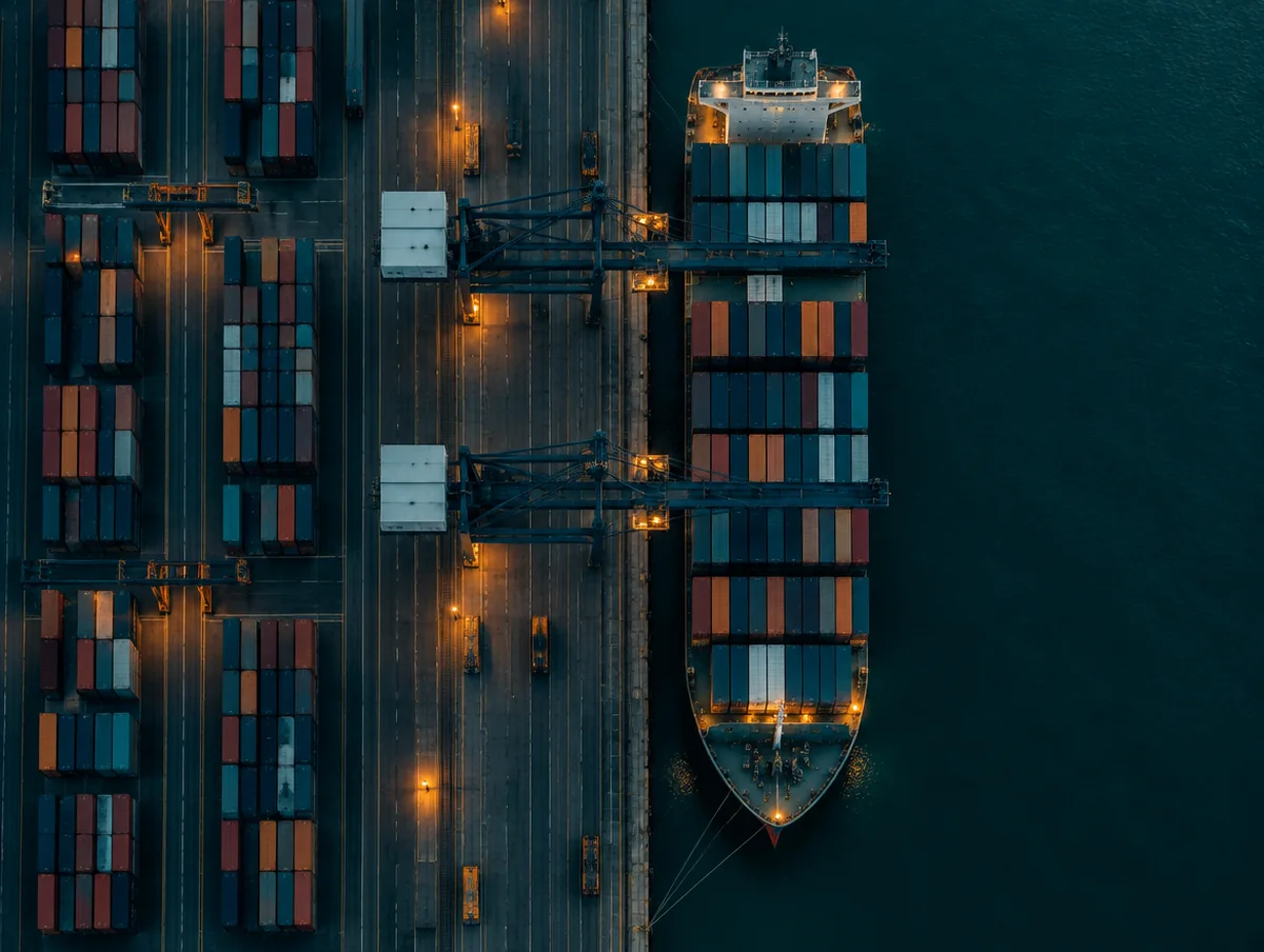 Porto container visto dall'alto al tramonto